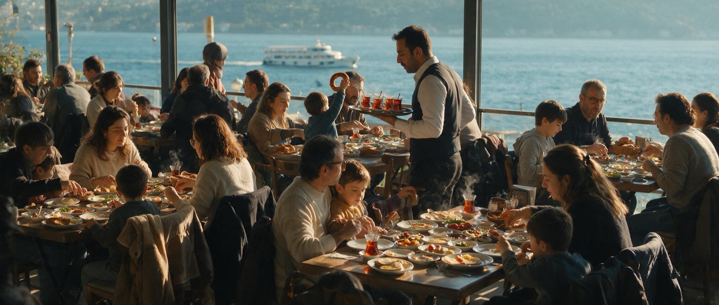 Bayram sabahı dolu bir sahil kahvaltı terası: garson çay tepsisiyle masalar arasında, arkada boğaz ve feribot