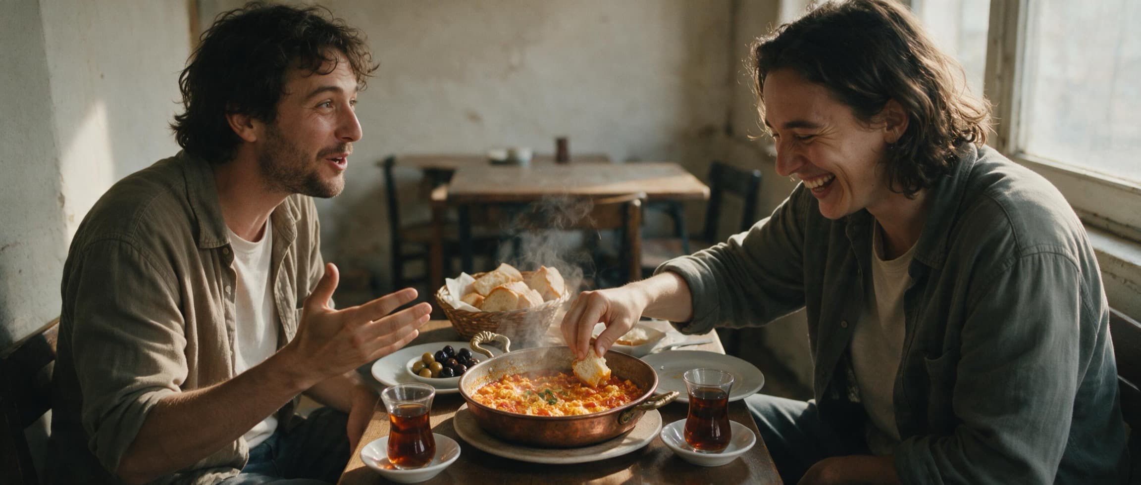Mahalle kahvaltıcısında iki arkadaş: bakır tavada menemene ekmek banıyorlar, masada çay ve zeytin